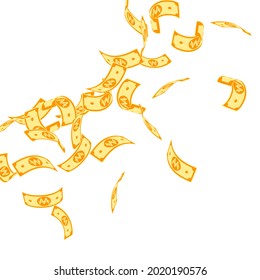 Korean won notes falling. Floating WON bills on white background. Korea money. Dazzling vector illustration. Pretty jackpot, wealth or success concept.