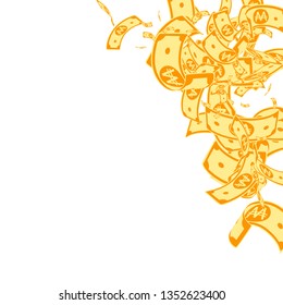 Korean won notes falling. Messy WON bills on white background. Korea money. Delicate vector illustration. Shapely jackpot, wealth or success concept.