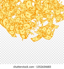 Korean won notes falling. Messy WON bills on transparent background. Korea money. Delicate vector illustration. Unique jackpot, wealth or success concept.