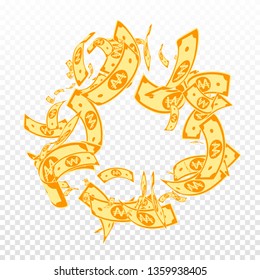 Korean won notes falling. Messy WON bills on transparent background. Korea money. Decent vector illustration. Beauteous jackpot, wealth or success concept.