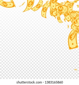 Korean won notes falling. Messy WON bills on transparent background. Korea money. Cute vector illustration. Mesmeric jackpot, wealth or success concept.