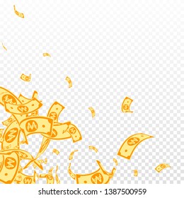 Korean won notes falling. Messy WON bills on transparent background. Korea money. Decent vector illustration. Stunning jackpot, wealth or success concept.