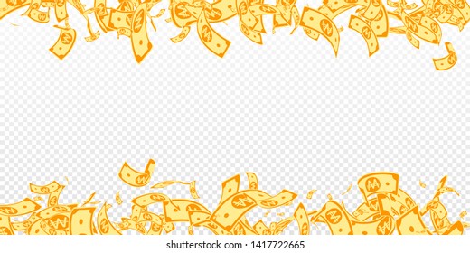 Korean won notes falling. Messy WON bills on transparent background. Korea money. Delightful vector illustration. Majestic jackpot, wealth or success concept.