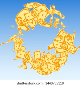 Korean won notes falling. Messy WON bills on blue sky background. Korea money. Decent vector illustration. Energetic jackpot, wealth or success concept.