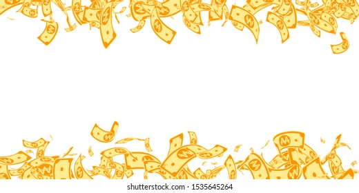 Korean won notes falling. Messy WON bills on white background. Korea money. Delightful vector illustration.  