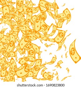 Korean won notes falling. Messy WON bills on white background. Korea money. Dazzling vector illustration. Lovely jackpot, wealth or success concept.