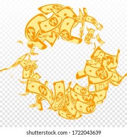 Korean won notes falling. Messy WON bills on transparent background. Korea money. Decent vector illustration. Excellent jackpot, wealth or success concept.
