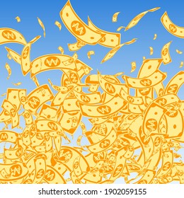 Korean won notes falling. Messy WON bills on blue sky background. Korea money. Dazzling vector illustration. Admirable jackpot, wealth or success concept.