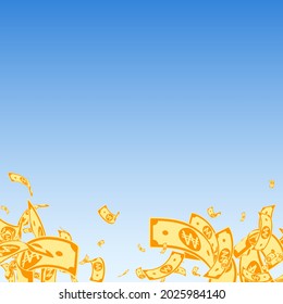 Korean won notes falling. Messy WON bills on blue sky background. Korea money. Cute vector illustration. Divine jackpot, wealth or success concept.