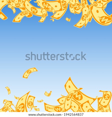 Korean won notes falling. Messy WON bills on blue sky background. Korea money. Cute vector illustration. Terrific jackpot, wealth or success concept.