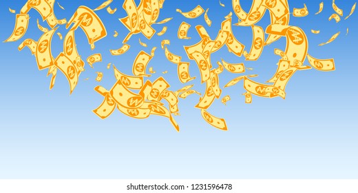 Korean won notes falling. Random WON bills on blue sky background. Korea money. Delightful vector illustration. Wondrous jackpot, wealth or success concept.