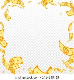 Korean won notes falling. Random WON bills on transparent background. Korea money. Dazzling vector illustration. Graceful jackpot, wealth or success concept.