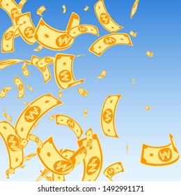 Korean won notes falling. Random WON bills on blue sky background. Korea money. Dazzling vector illustration. Magnetic jackpot, wealth or success concept.