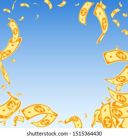 Korean won notes falling. Random WON bills on blue sky background. Korea money. Decent vector illustration. Curious jackpot, wealth or success concept.