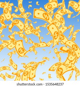 Korean won notes falling. Random WON bills on blue sky background. Korea money. Delicate vector illustration. Artistic jackpot, wealth or success concept.