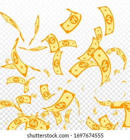 Korean won notes falling. Random WON bills on transparent background. Korea money. Dazzling vector illustration. Amazing jackpot, wealth or success concept.