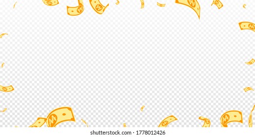 Korean won notes falling. Random WON bills on transparent background. Korea money. Delightful vector illustration. Enchanting jackpot, wealth or success concept.
