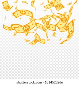 Korean won notes falling. Random WON bills on transparent background. Korea money. Delicate vector illustration. Vibrant jackpot, wealth or success concept.