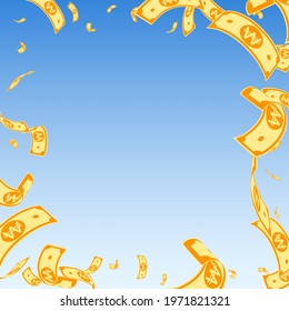 Korean won notes falling. Random WON bills on blue sky background. Korea money. Dazzling vector illustration. Exquisite jackpot, wealth or success concept.