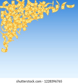Korean won notes falling. Small WON bills on blue sky background. Korea money. Delicate vector illustration. Posh jackpot, wealth or success concept.