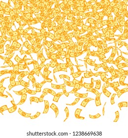 Korean won notes falling. Small WON bills on white background. Korea money. Delicate vector illustration. Indelible jackpot, wealth or success concept.
