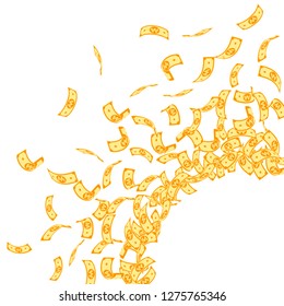 Korean won notes falling. Small WON bills on white background. Korea money. Dazzling vector illustration. Trending jackpot, wealth or success concept.