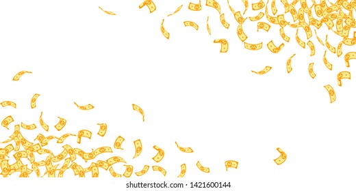 Korean won notes falling. Small WON bills on white background. Korea money. Delightful vector illustration. Awesome jackpot, wealth or success concept.