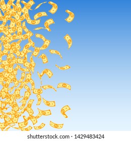 Korean won notes falling. Small WON bills on blue sky background. Korea money. Decent vector illustration. Lovely jackpot, wealth or success concept.