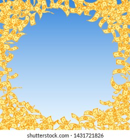 Korean won notes falling. Small WON bills on blue sky background. Korea money. Dazzling vector illustration. Great jackpot, wealth or success concept.
