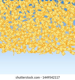Korean won notes falling. Small WON bills on blue sky background. Korea money. Delicate vector illustration. Modern jackpot, wealth or success concept.