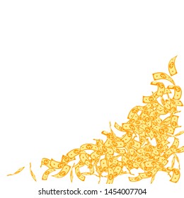 Korean won notes falling. Small WON bills on white background. Korea money. Dazzling vector illustration. Dramatic jackpot, wealth or success concept.