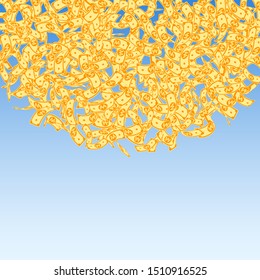 Korean won notes falling. Small WON bills on blue sky background. Korea money. Delicate vector illustration. Wondrous jackpot, wealth or success concept.