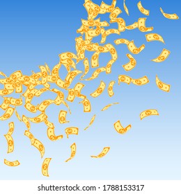 Korean won notes falling. Small WON bills on blue sky background. Korea money. Dazzling vector illustration. Ravishing jackpot, wealth or success concept.