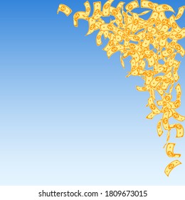 Korean won notes falling. Small WON bills on blue sky background. Korea money. Delicate vector illustration. Stylish jackpot, wealth or success concept.