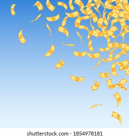 Korean won notes falling. Small WON bills on blue sky background. Korea money. Delicate vector illustration. Enchanting jackpot, wealth or success concept.
