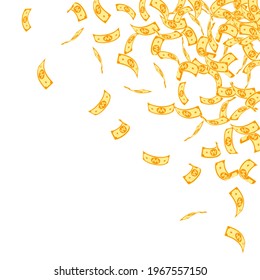 Korean won notes falling. Small WON bills on white background. Korea money. Delicate vector illustration. Excellent jackpot, wealth or success concept.