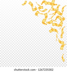 Korean won notes falling. Sparse WON bills on transparent background. Korea money. Delicate vector illustration. Symmetrical jackpot, wealth or success concept.