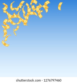 Korean won notes falling. Sparse WON bills on blue sky background. Korea money. Delicate vector illustration. Precious jackpot, wealth or success concept.