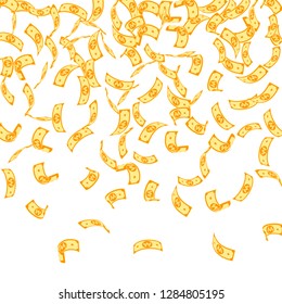 Korean won notes falling. Sparse WON bills on white background. Korea money. Delicate vector illustration. Likable jackpot, wealth or success concept.