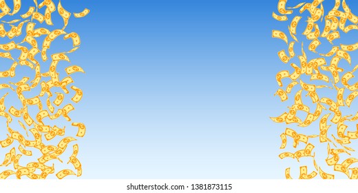 Korean won notes falling. Sparse WON bills on blue sky background. Korea money. Delightful vector illustration. Gorgeous jackpot, wealth or success concept.