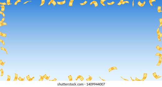 Korean won notes falling. Sparse WON bills on blue sky background. Korea money. Delightful vector illustration. Exquisite jackpot, wealth or success concept.