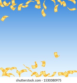 Korean won notes falling. Sparse WON bills on blue sky background. Korea money. Cute vector illustration. Valuable jackpot, wealth or success concept.