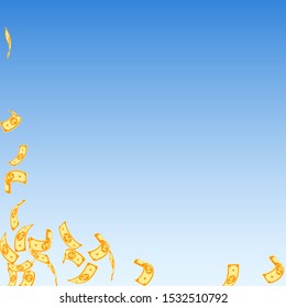 Korean won notes falling. Sparse WON bills on blue sky background. Korea money. Cute vector illustration. Fascinating jackpot, wealth or success concept.