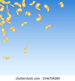 Korean won notes falling. Sparse WON bills on blue sky background. Korea money. Delicate vector illustration. Creative jackpot, wealth or success concept.