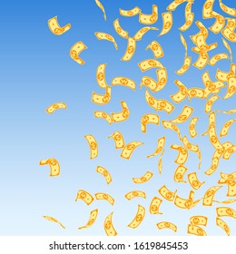 Korean won notes falling. Sparse WON bills on blue sky background. Korea money. Decent vector illustration. Amusing jackpot, wealth or success concept.