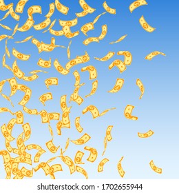 Korean won notes falling. Sparse WON bills on blue sky background. Korea money. Dazzling vector illustration. Mind-blowing jackpot, wealth or success concept.