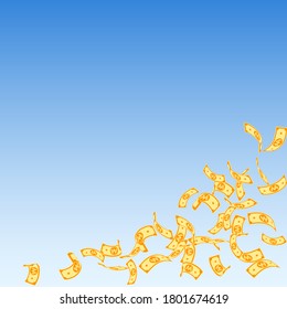 Korean won notes falling. Sparse WON bills on blue sky background. Korea money. Dazzling vector illustration. Ecstatic jackpot, wealth or success concept.