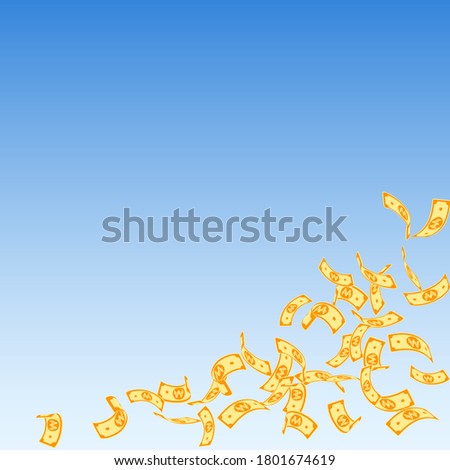 Korean won notes falling. Sparse WON bills on blue sky background. Korea money. Dazzling vector illustration. Ecstatic jackpot, wealth or success concept.