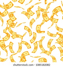 Korean won notes seamless pattern. Scattered WON bills. Korea small flying money. Jackpot, wealth or success concept. Vector illustration.