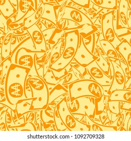 Korean won notes seamless pattern. Scattered WON bills. Korea cartoon flying money. Jackpot, wealth or success concept. Vector illustration.